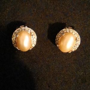 Vintage Kenneth J Lane signed KJL Clip on Earrings with Pearl and Rhinestone.